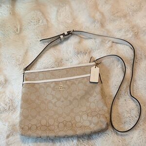 Coach Tan Signature Canvas Crossbody Bag with Cream Trim